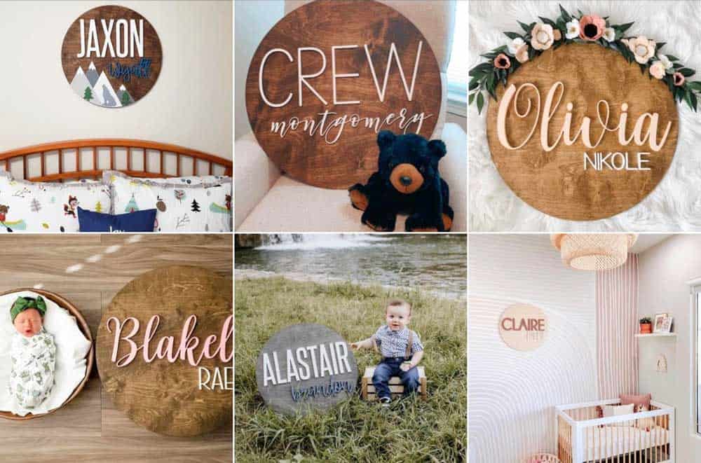 Collage of pictures displaying custom baby name signs for nurseries
