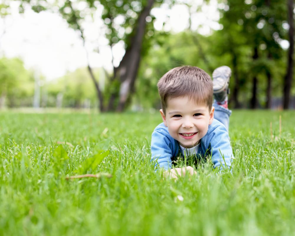 picture of smiling boy laying on his stomach in the grass