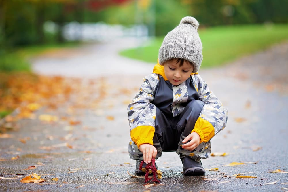 picture of toddler boy crouched down in roadway after rainstorm looking at leaves