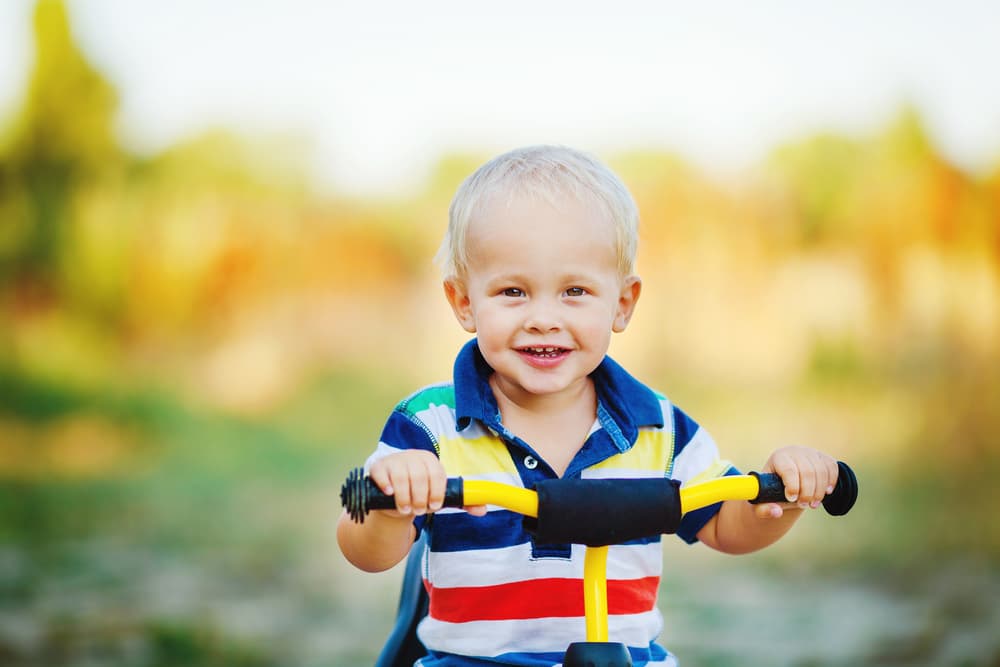 picture of toddler boy smiling on tricycle