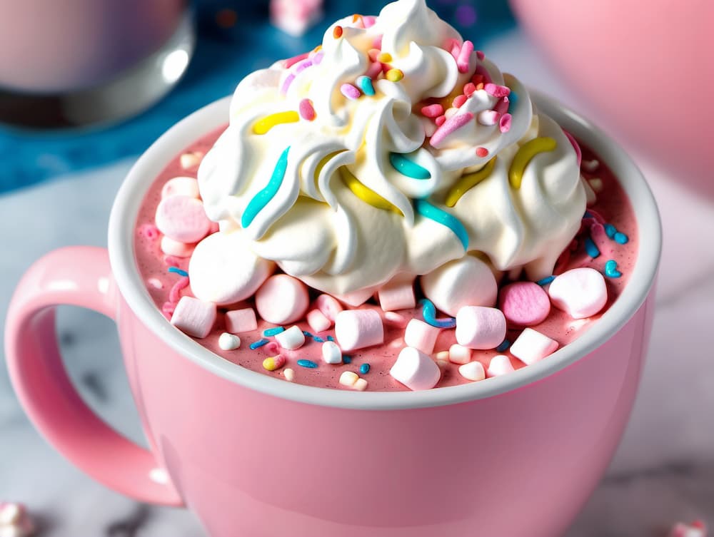unicorn hot chocolate in pink mug with whip cream and marshmallows on top